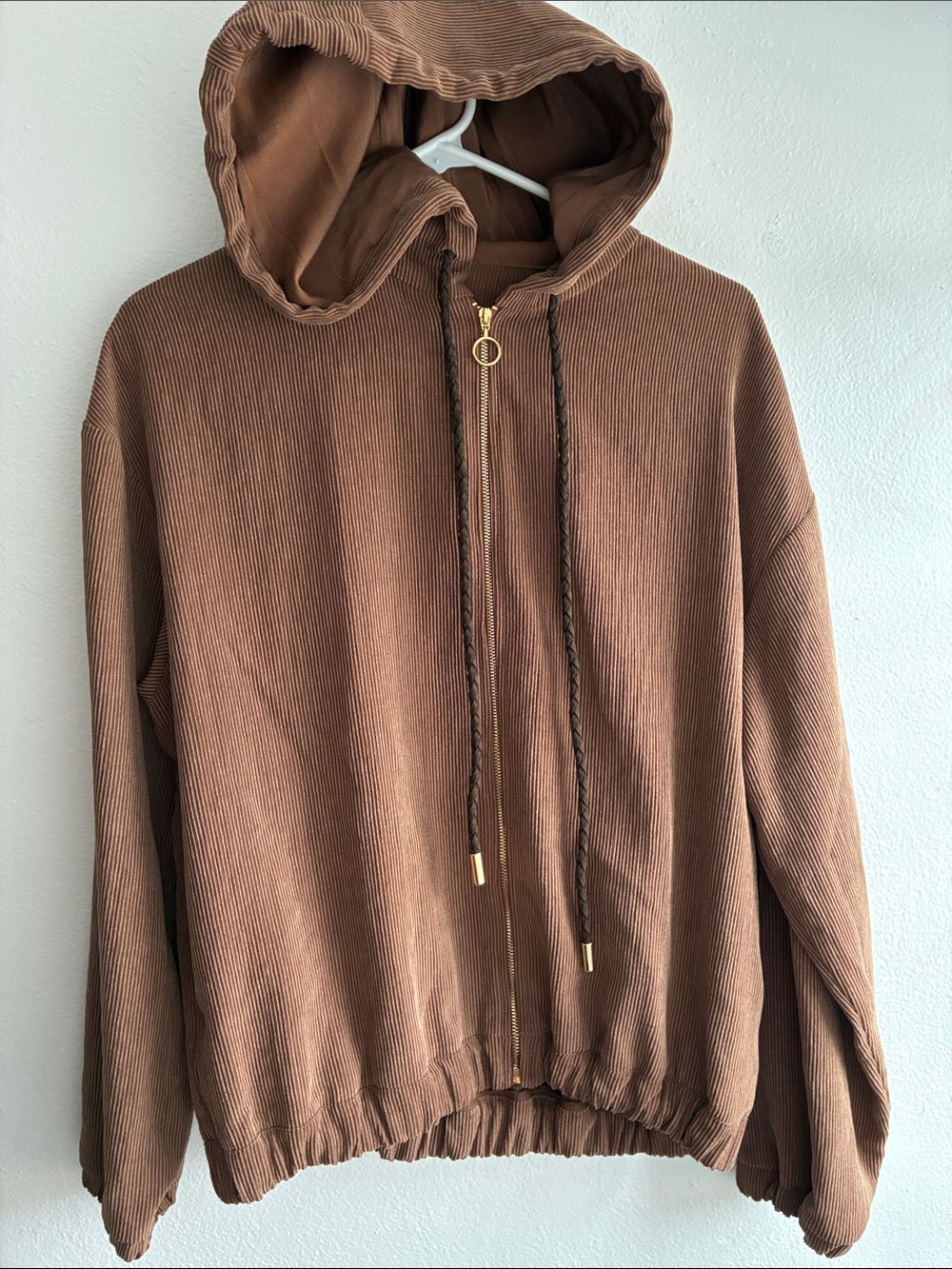 Zara Brown Corduroy Gold Leather Accents Zip-Up Hoodie Jacket